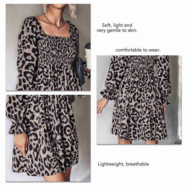 Vestido De Fiesta Vestido De Mujer Una Pieza Patrón De Leopardo Cuello Cuadrado Manga Larga Cintura Alta Elástica Para El Hogar Gris XL ANGGREK Otros