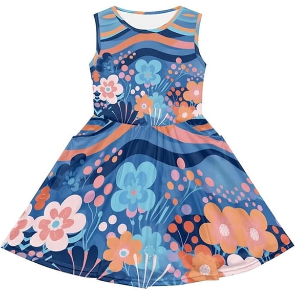 SONXAHE Toddler Girls Dress Sleeveless Floral Print Crew Neck A Line Dresses Soft Breathable Casual Dresses Blue