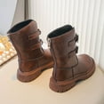 thumbnail image 3 of Girls Mid Calf Boots Adjustable Front Buckle Vintage Leather Back Zipper Round Toe Lug Sole Low Heel Motorcycle Booties 2 Big Kid Brown, 3 of 6