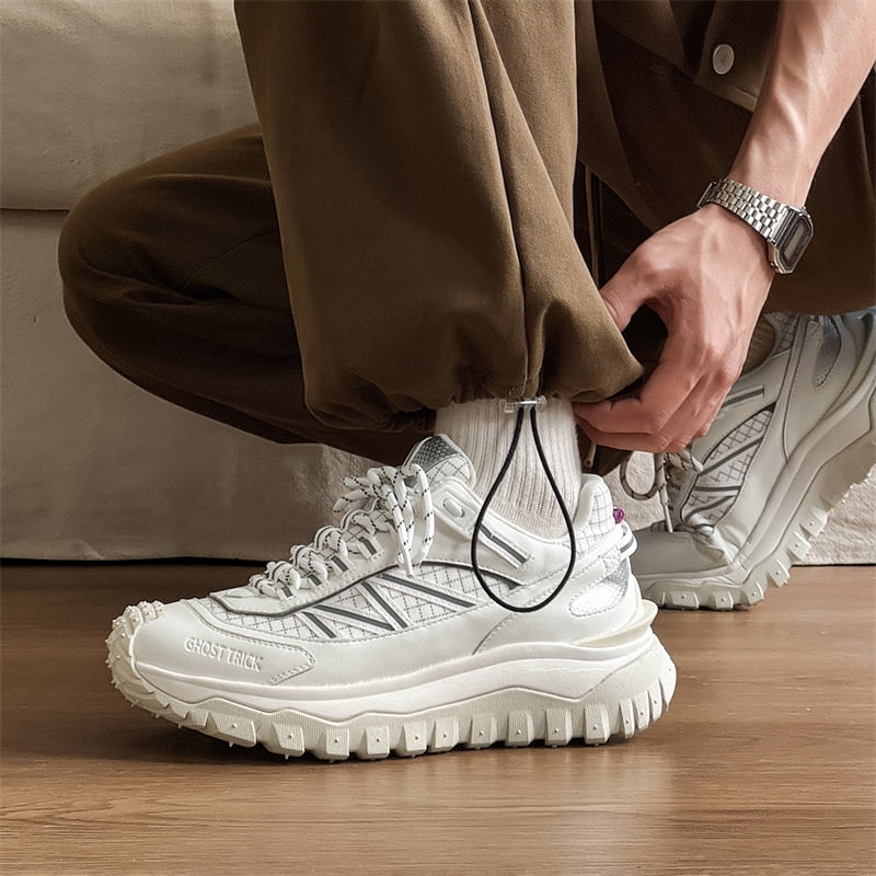 Men'S Chunky Platform Sneakers - Slip-On/Lace-Up Closure, Cushioned PVC Sole, All-Season Outdoor Hiking & Casual Shoes in White/Gray/Black colorway - for Everyday, Gym, Travel - Breathable Fabric