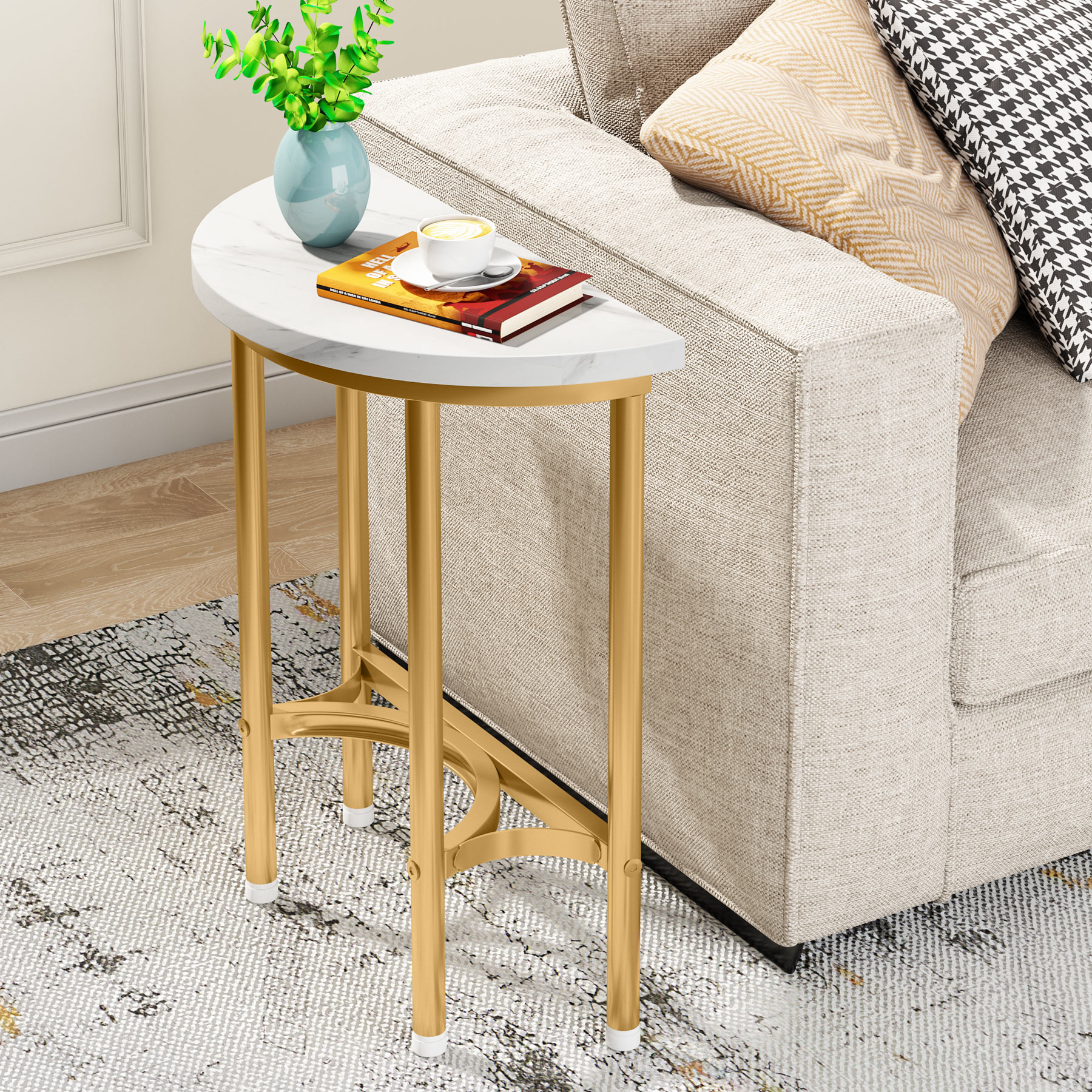 24" X 20" X 20" Gold Industrial Round End Table With Rimmed Glass Top