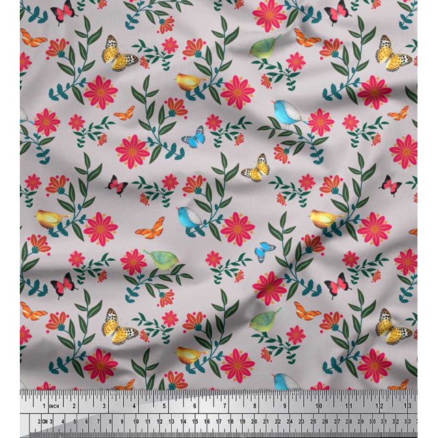Soimoi Gray Poly Georgette Fabric Insect,Bird & Floral Artistic Print Fabric by Yard 52 Inch Wide
