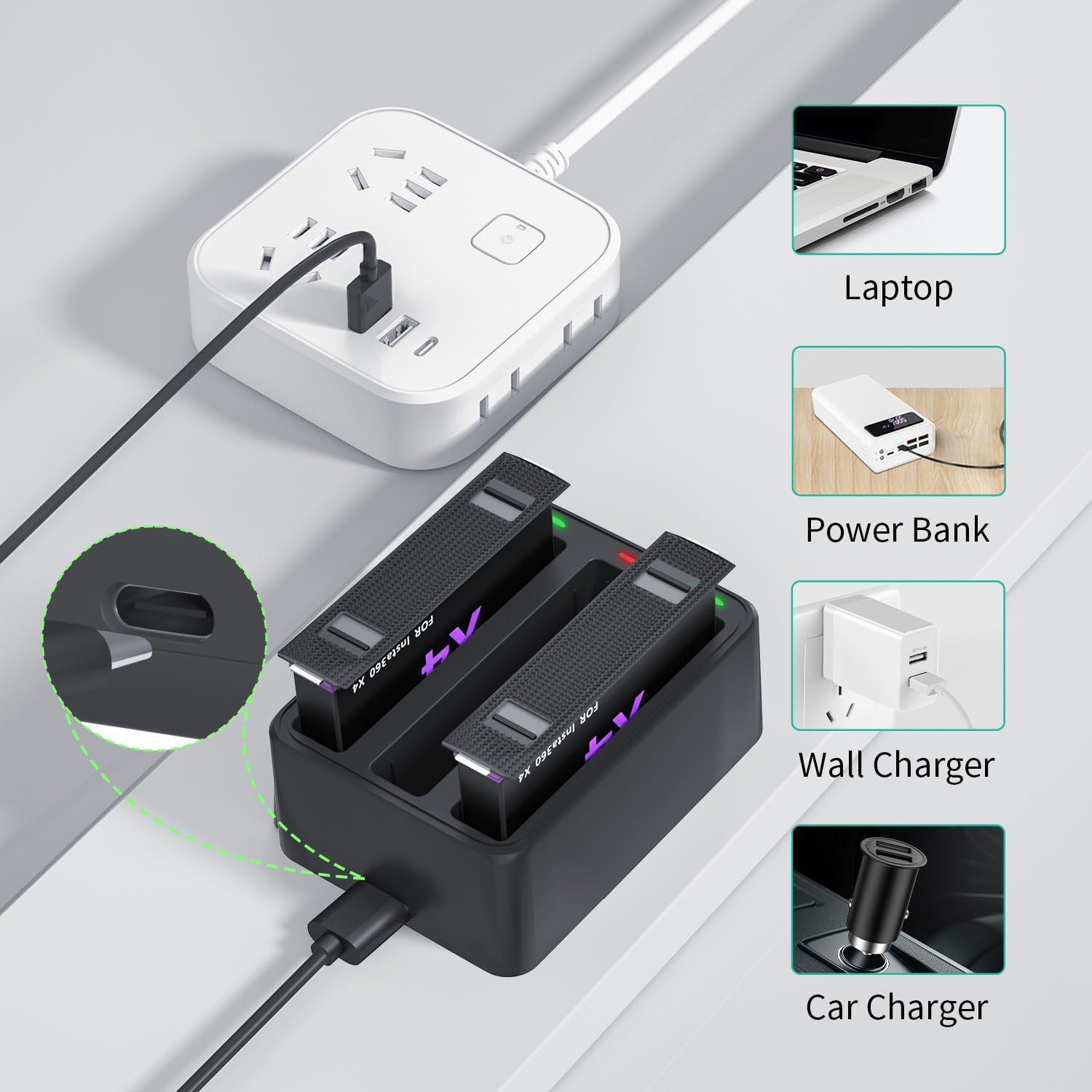 3-Pack Insta360 X4 Batteries With 3-Slot Fast Charger – 2350mAh Replacement Batteries, LED Charging Hub, USB-C Cable
