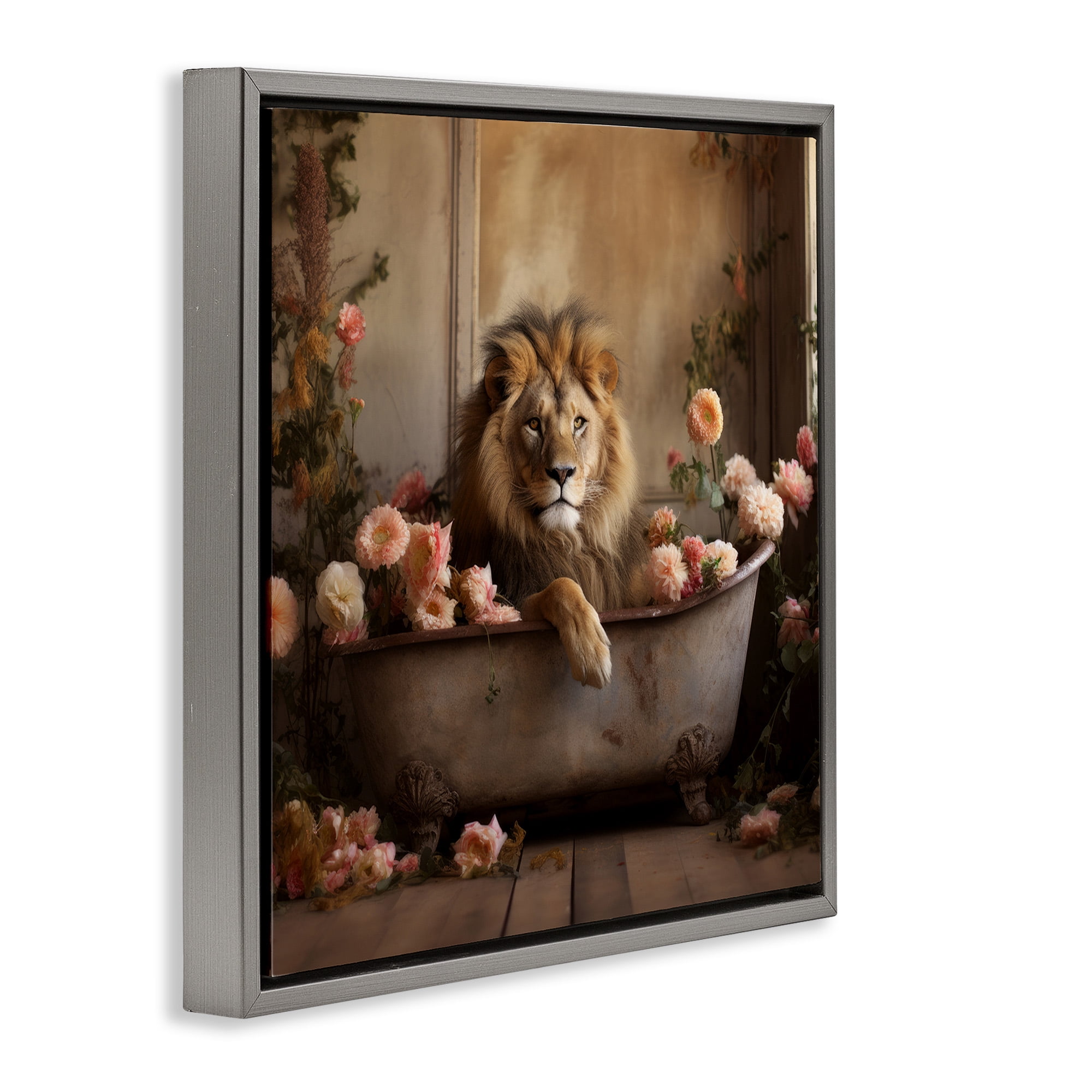Stupell Industries Lion in Flower Filled Tub Animals & Insects Painting Gray Floater Framed Canvas Art Print Wall Art, 18 x 18