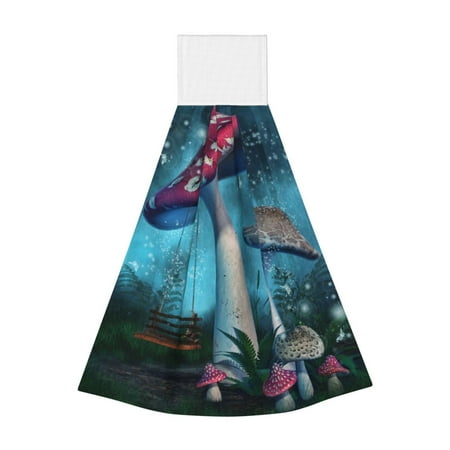 

Qekee Fantasy Mushrooms Print Hanging Kitchen Towels Coral Velvet Wipe Hand Towel Absorbent Hand Towels Microfiber Tie Towel for Bathroom Kitchen Decor