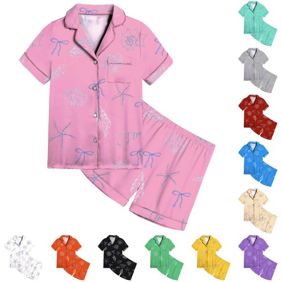JAJAHO Girls Satin Pajama Sets Bow Print Summer Sleepwear Short Sleeve Button Up Shirts And Shorts 2 Piece Set 2-13Y