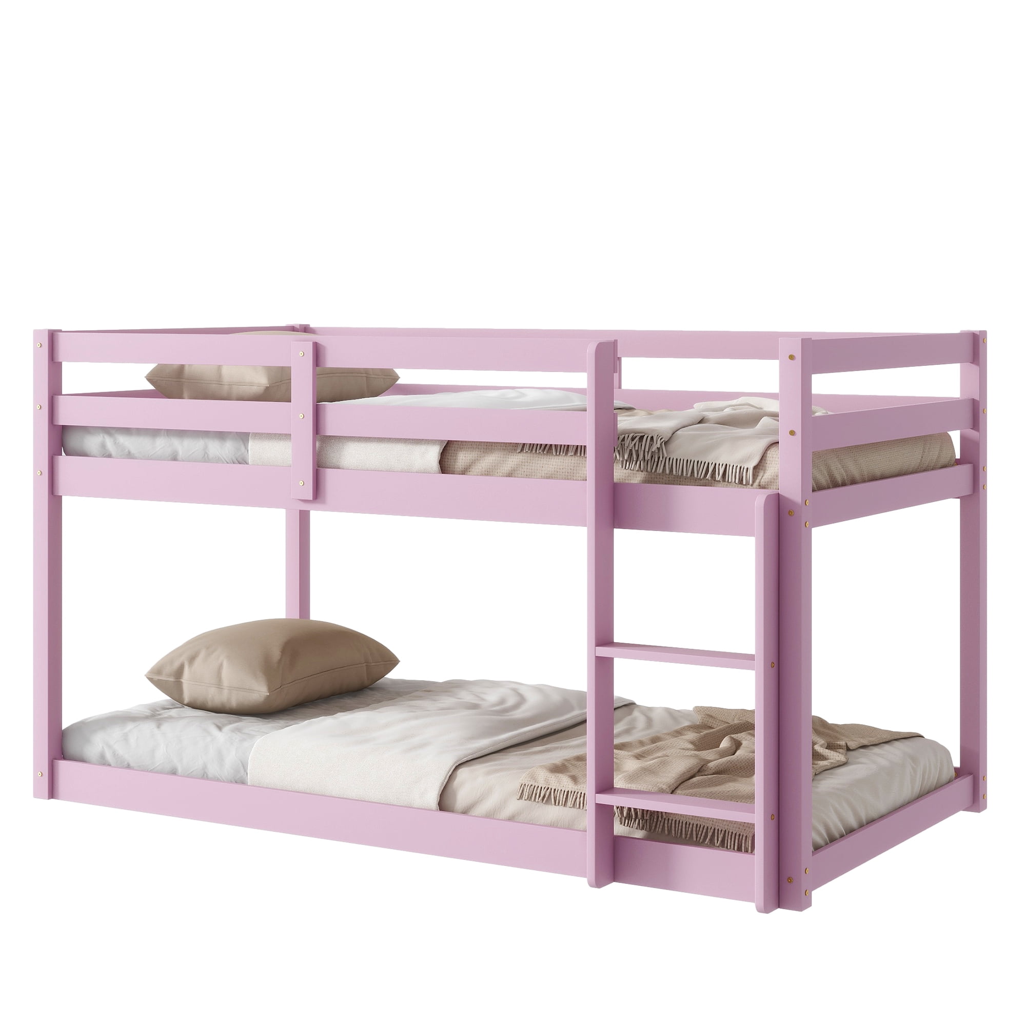Aukfa Twin Over Twin Bunk Bed for Kids, Solid Rubber Wooden Bed Frame, Pink