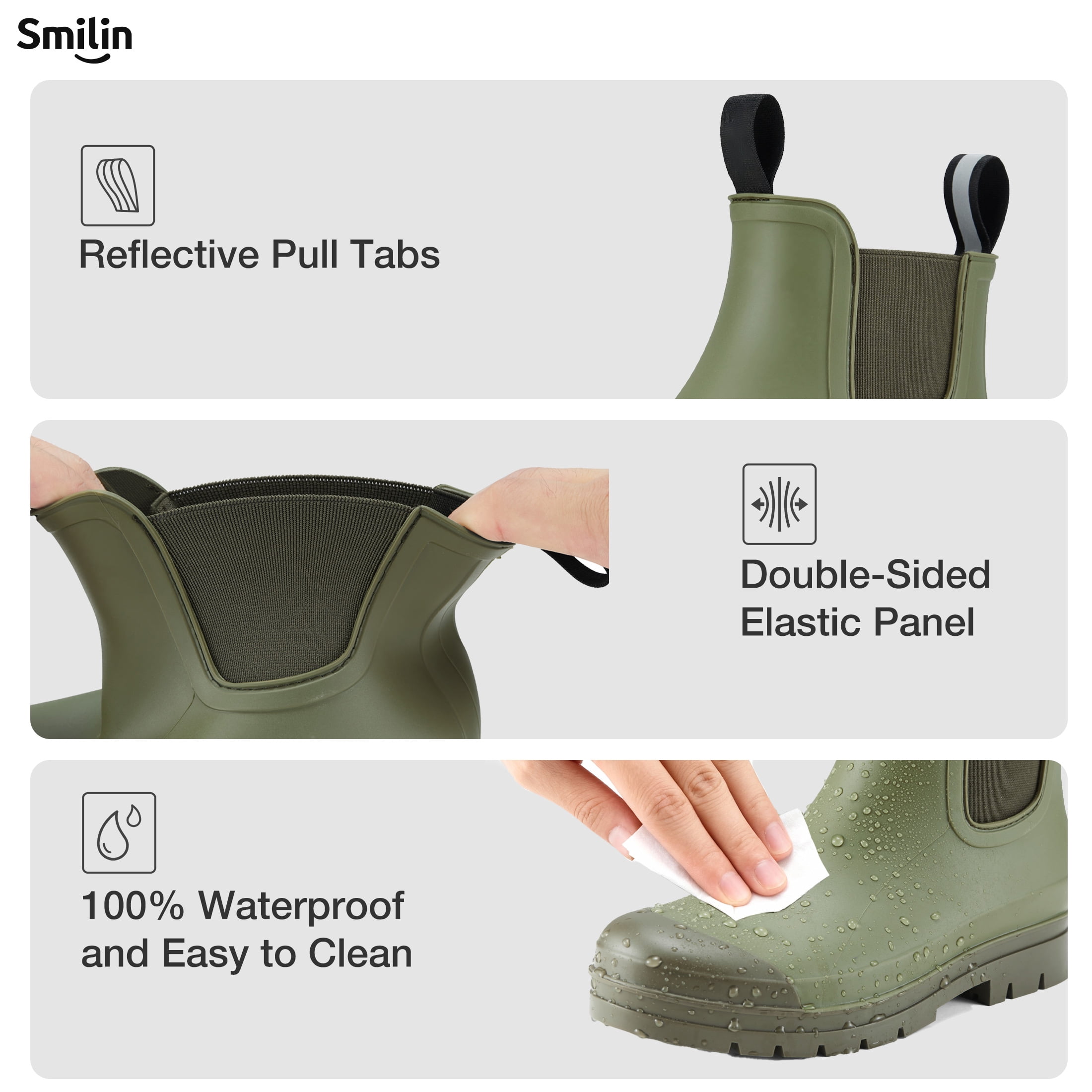 SMILIN Short Ankle Rain Boots for Women, Chelsea Waterproof Anti Slip Garden Shoes with Insole, Olive Green, Size 8.5