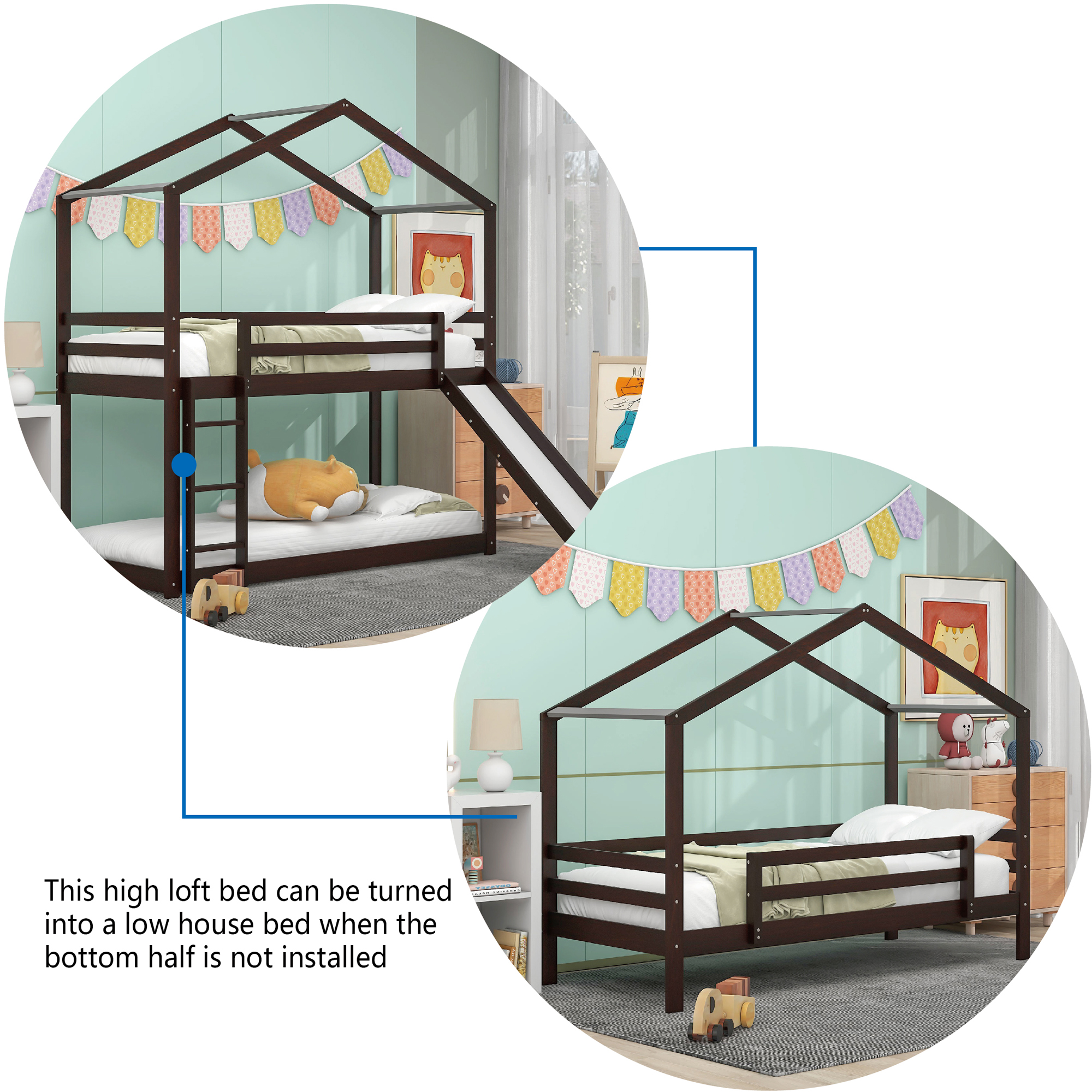 Euroco Twin over Twin House Bunk Bed with Slide, Convertible 2 Beds in One for Kids Bedroom, Espresso