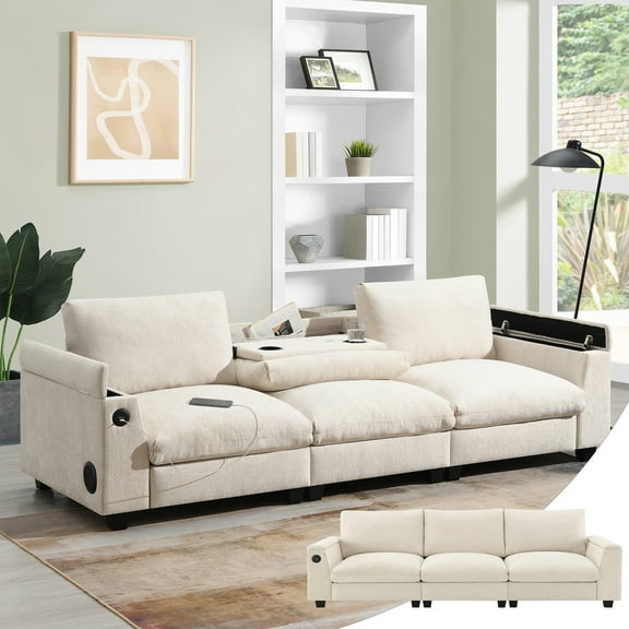 96"Sectional Sofa With Bluetooth Speaker,3 Seats Comfy Cloud Couch With Two Drop Down Table,Cup Holders,Usb Charger,Storage Armrest.Oversize For Living Room,Apartment