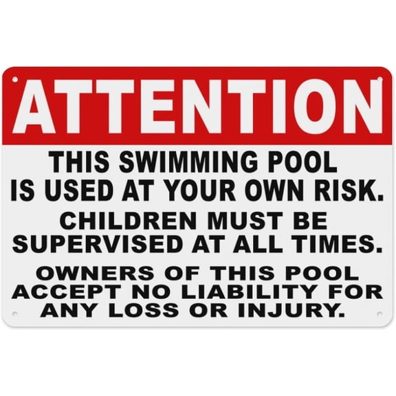 Attention This Swimming Pool Is Used At Your Own Risk Sign 8"x12" - Aluminum Tin Warning for Home Outdoor Garden, Durable Liability Decor for Pool