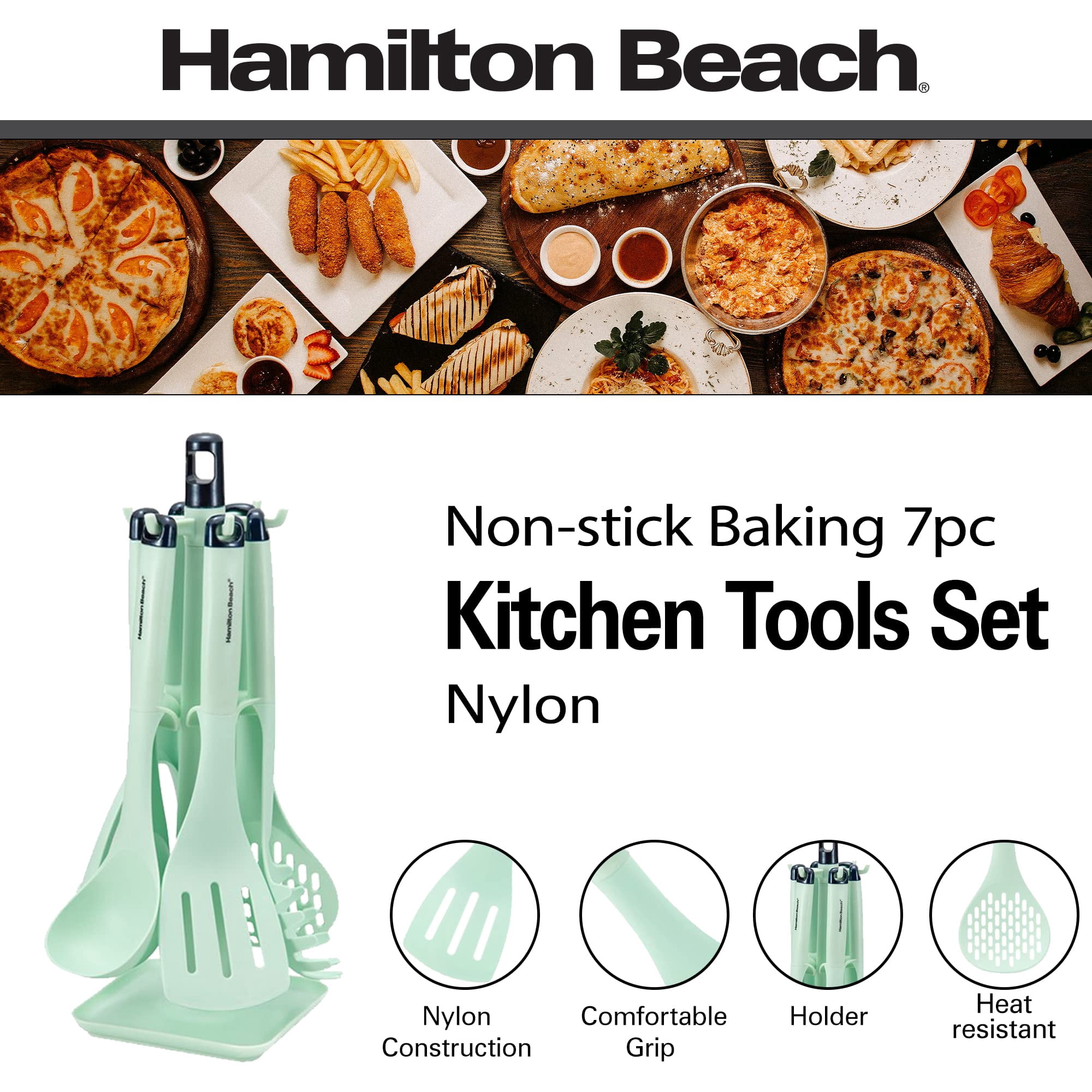 Hamilton Beach Nylon Kitchen Utensil Set 7 Piece | Cooking Utensil set – Slotted turner, Ladle Skimmer, Pasta Server, Potato Masher, Solid spoon Holder - Kitchen Gadgets for Nonstick Cookware
