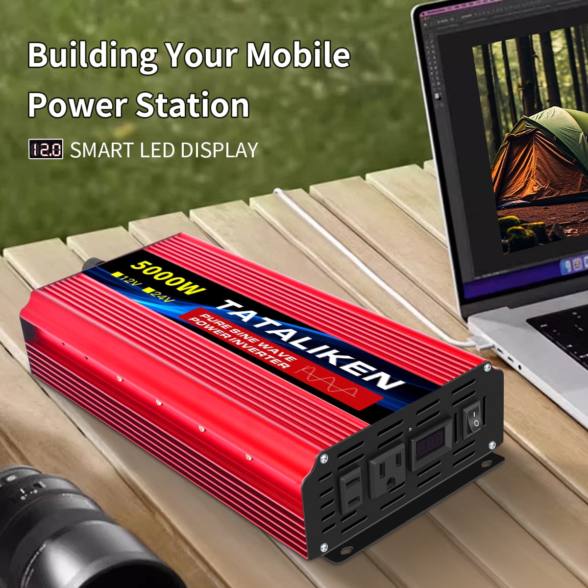 TATALIKEN 5000W（Rating power 2000 W）Pure Sine Wave Power Inverter DC 12V to AC 110V/120V Car Inverter with Battery Clamp Cable 2 AC Outlets for Power Tools Home Vehicles RV Truck, LCD Display Red