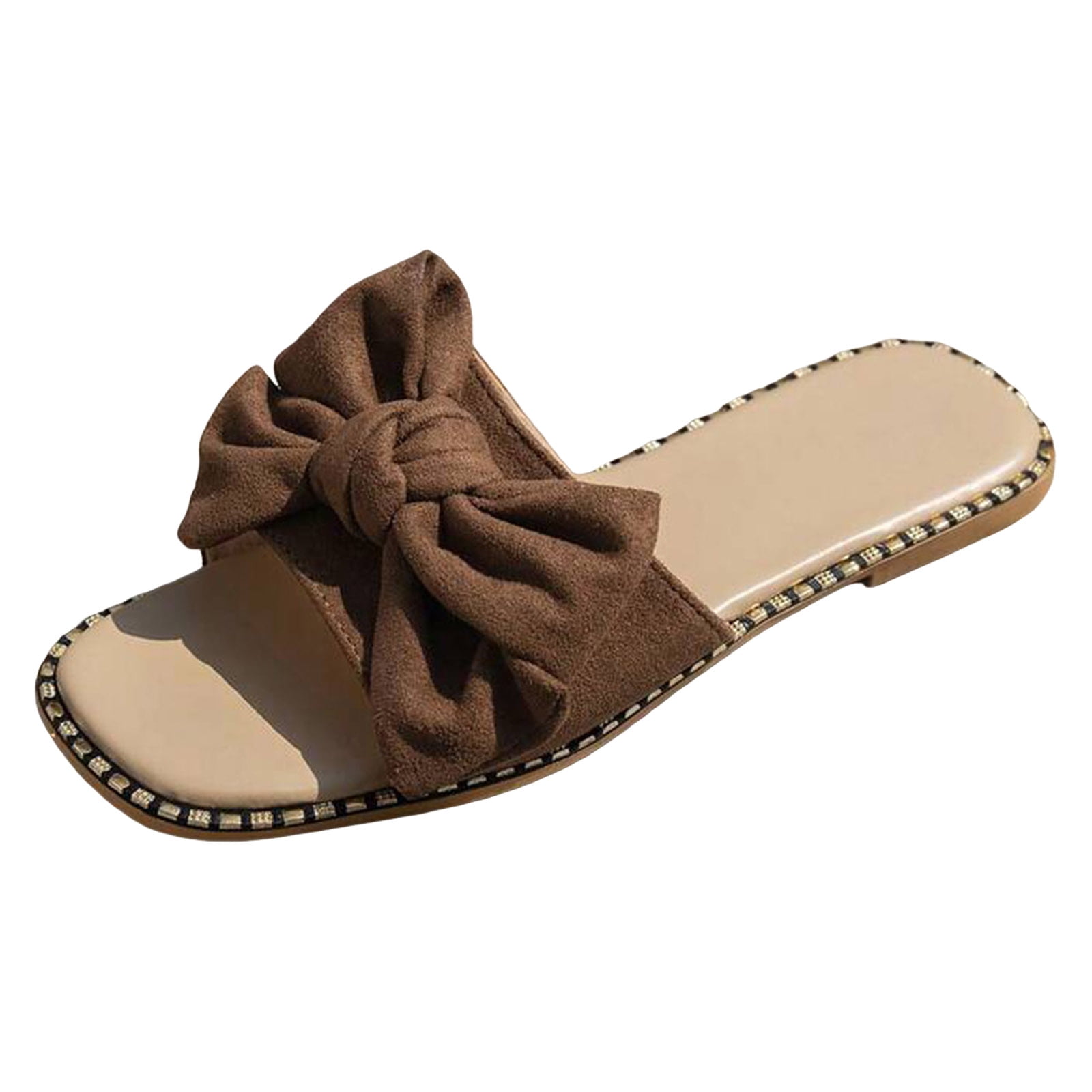 Rokment Flat Slip on Slides Sandals for Women Ladies 2026 Trendy Casual Bow Crochet Open Tow Low Heels Mules Summer Dress Slippers Vacation Brown Size 6