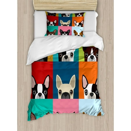 - Boston Terrier Twin Size Duvet Cover Set, Minimalist Colorful Assortment of Terrier Portraits Multiple Variations, Decorative 2 Piece Bedding Set with 1 Pillow Sham, Multicolor, by Ambesonne