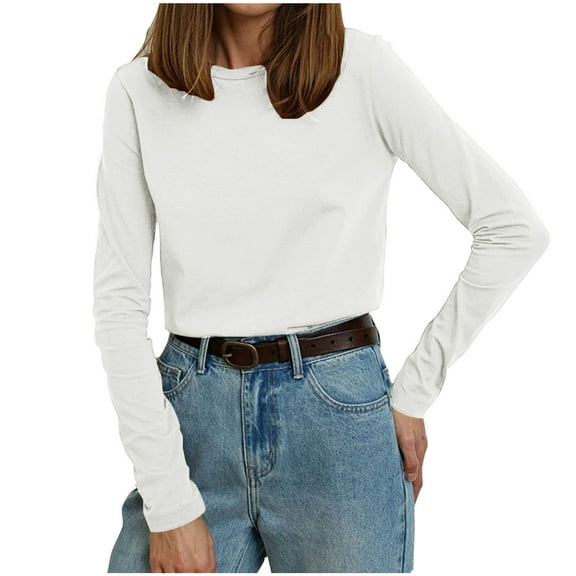 GigrtiJin Women's Plus Size Cotton Tops Long Sleeve Round Neck Blouses Casual Solid Color Loose Pullover Shirts