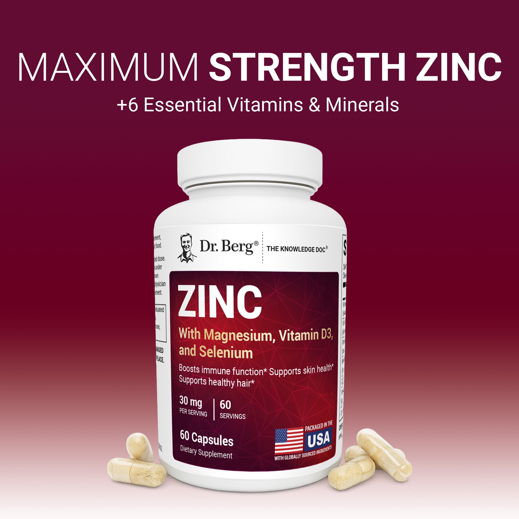 Dr. Berg Zinc 30 mg Capsules with Magnesium, Vitamin D3, Selenium, Copper & Folate - Immune Support, 60 Capsules