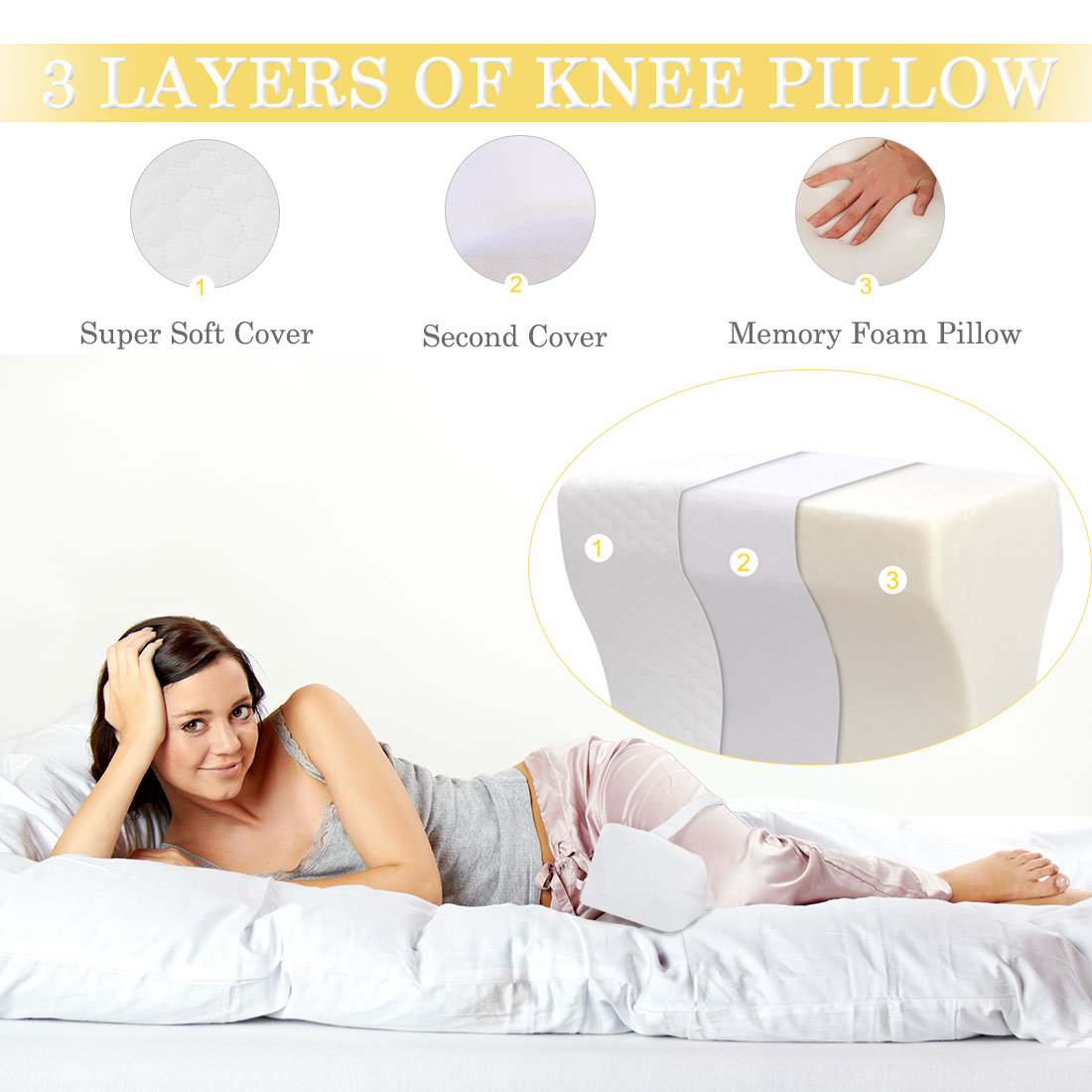 Unique Bargains Memory Foam Knee Support Pillow for Sleeping White Black 