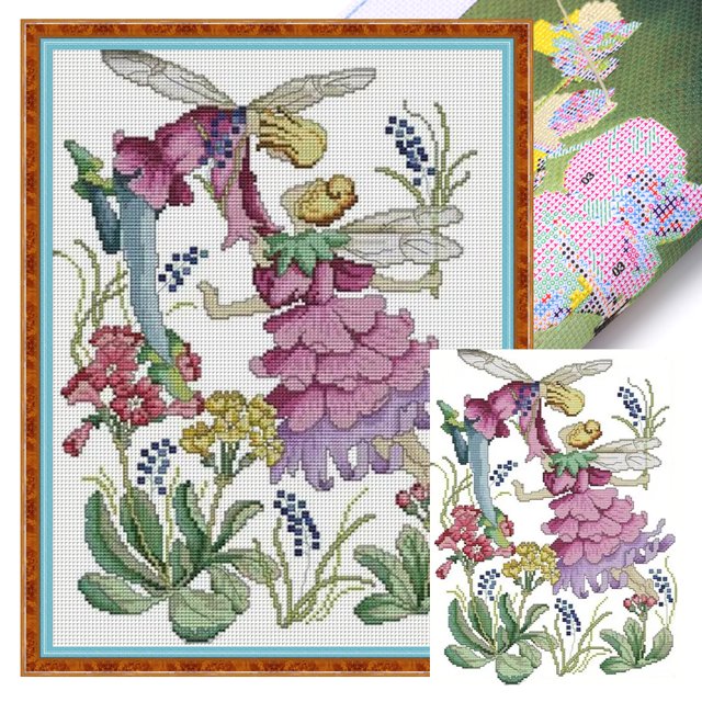 Hilo Algodón Ecológico Bordado 14CT Hada Las Flores Abril Punto Cruz 31x40cm