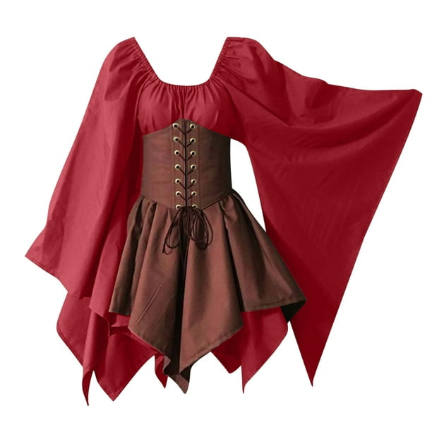 Renaissance Dress Women Vintage Bell Sleeve Medieval Corset Dress Plus Size  Lace-up Halloween Victorian Costumes 