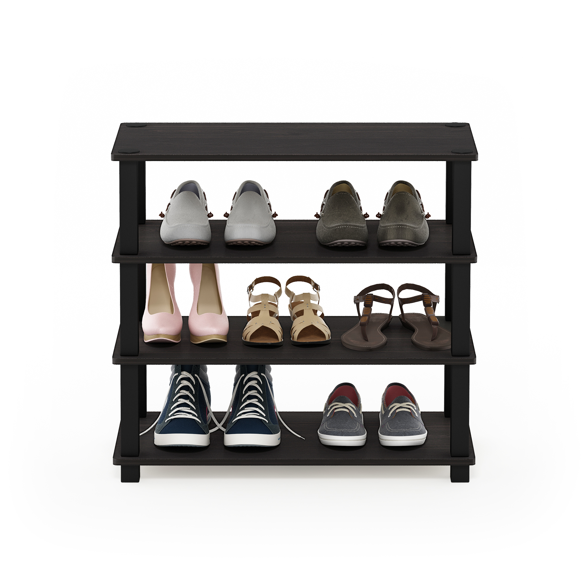 Furinno 4-Tier Turn-S-Tube No-tools Durable Shoe Rack, Plastic and Wood, Red and Black