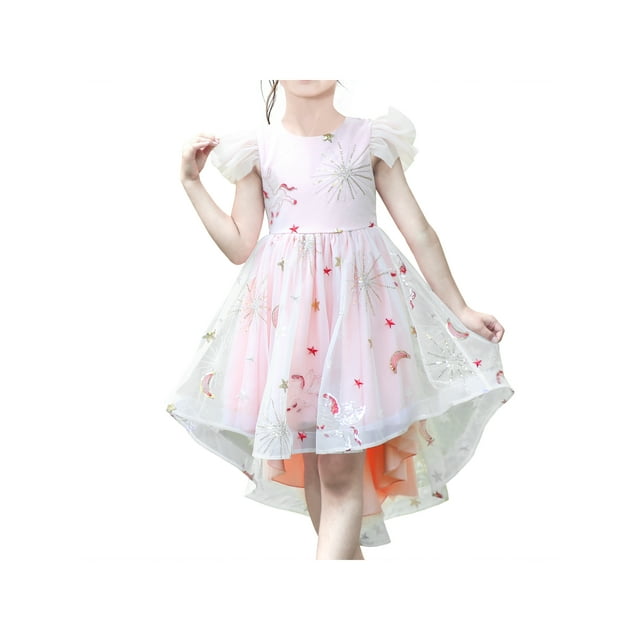 Girl Dress Pink Tulle Sequin Unicorn Star Moon Party Ruffle Short Sleeve 8 Years