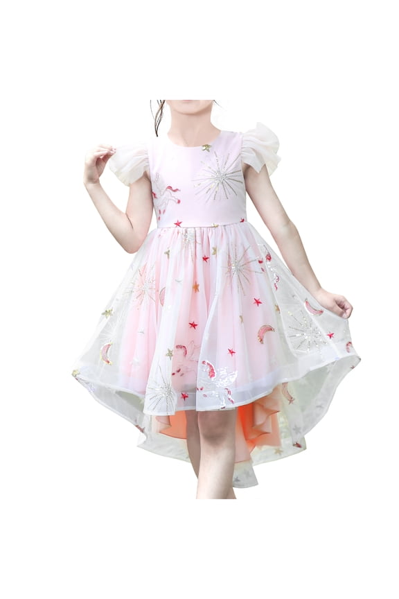 Girl Dress Pink Tulle Sequin Unicorn Star Moon Party Ruffle Short Sleeve 10 Years