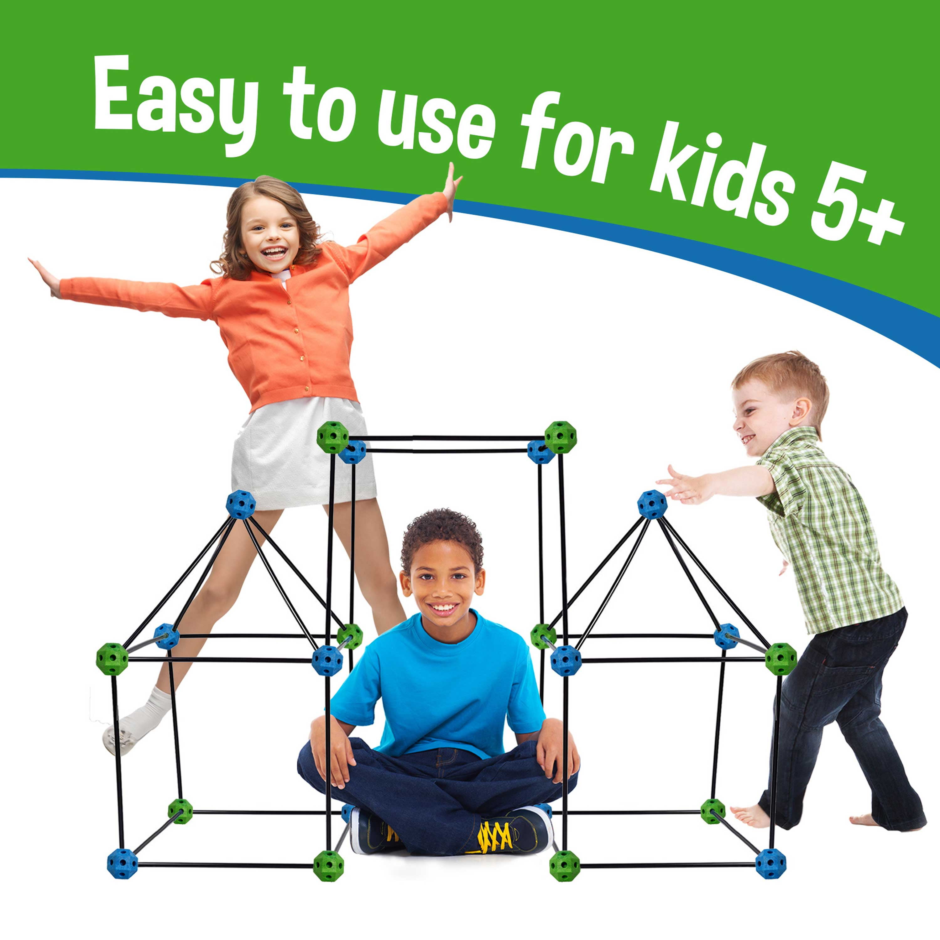 Construction Fort Building Kit Great Discovery of Manual Skills Blue & Green Build Castles Tunnels Tents Rocket- Creativity and Teambuilding 77 Pieces+ Storage Bag 