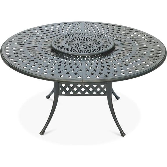 VIVIJASON Outdoor 61" Patio Dining Table for 6-8 Person, Large Patio Round Dining Table with 24" Lazy Susan, Dark Bronze Cast Aluminum Rustic Patio Table W/Umbrella Hole for Balcony, Porch and Deck