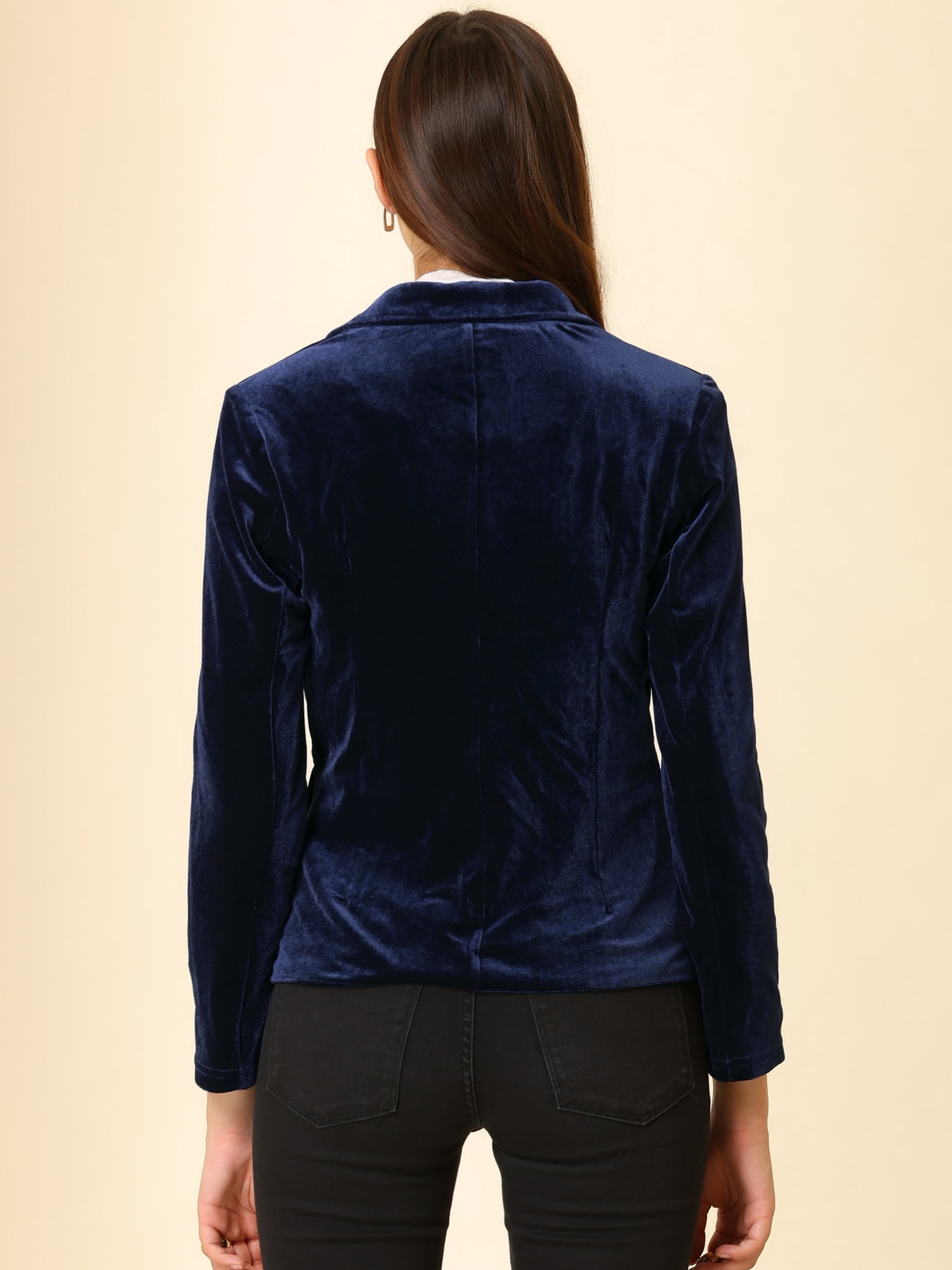 DARING DIVA Women's Notched Lapel Button Front Office Velvet Blazer M Dark Blue