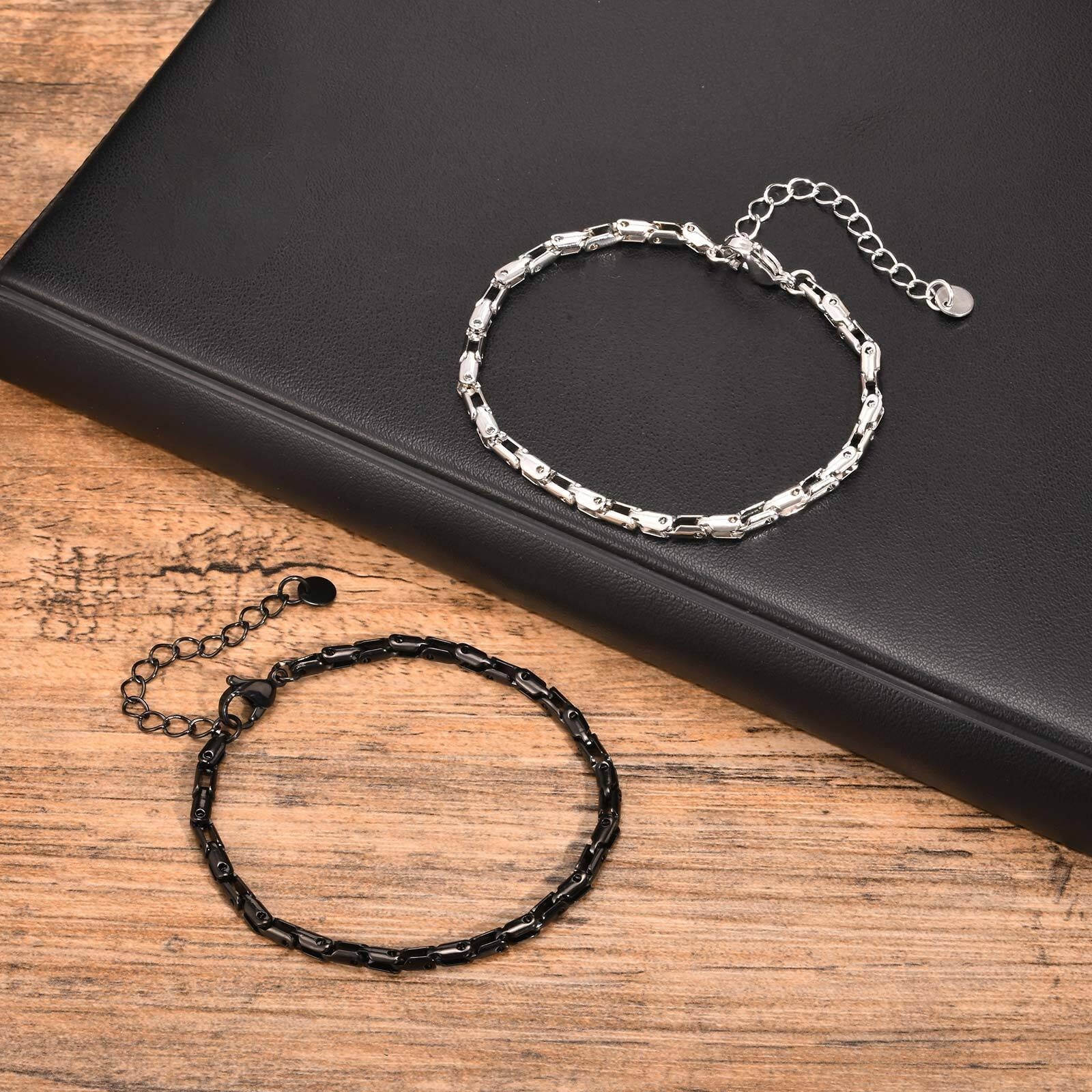 Thin 14K White Gold Chain Bracelets for Men Boys,Waterproof Handmade Chain Links Wristband,Stylish Gift for Husband Father BBF