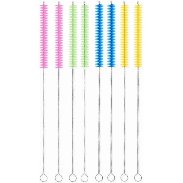 Straws Cleaner Brush with High Density Nylon Bristles & Stainless Handle & Hanging Loop, Also for Cleaning Sippy Cup, Bottle, Nozzle, Teapot, Narrow Area, D: 0.4 x L:10 Inch, Set of 8, 4 Colors Mix