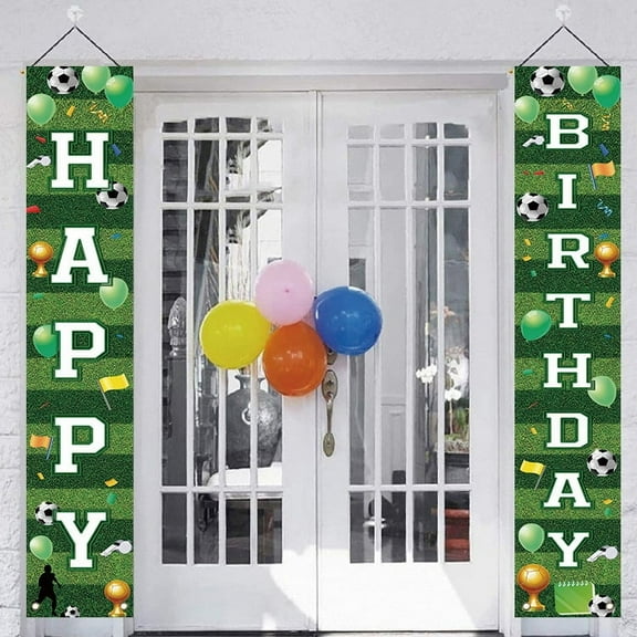 Happy Birthday Decorations Banner for Men, Women, Boys & Girls - Green Soccer Birthday Porch Sign & Party Supplies Background - 72 x 12 Inch