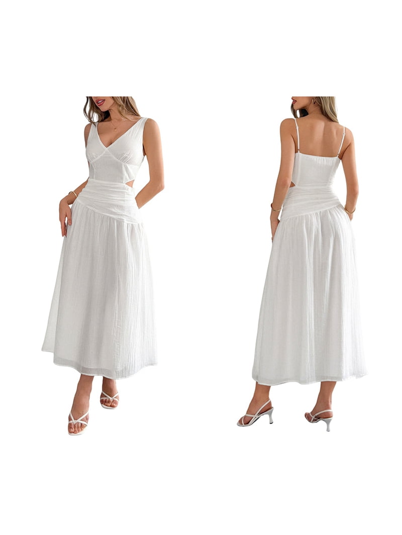 Women'S Summer Sleeveless Casual Dresses V-Neck Wrinkles Backless Party Dress White M