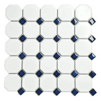 Octagon Porcelain Mosaic Tile Matte White with Glossy Cobalt Blue Dot Designed in Italy (1 Sheet)