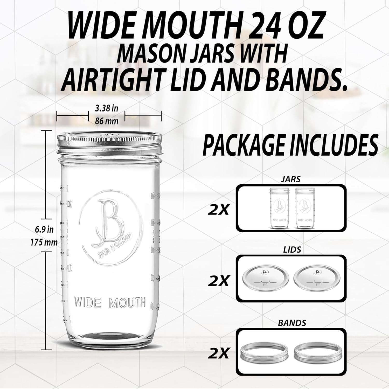 Wide Mouth Mason Jars 24 oz - (2 Pack) - Clear Glass Pint and a Half Mason Jars With Airtight Lids and Bands. For Storage, Canning, Fermenting, Cold Brew Coffee, Freezing, Microwave & Dishwasher Safe