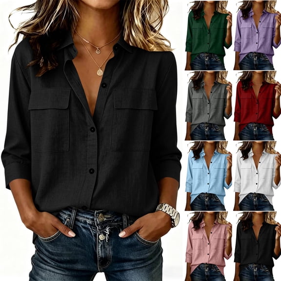 HomeDM Womens Button Down Shirts 3/4 Sleeve Summer Collared V-Neck Tops with Pockets Black Size XL