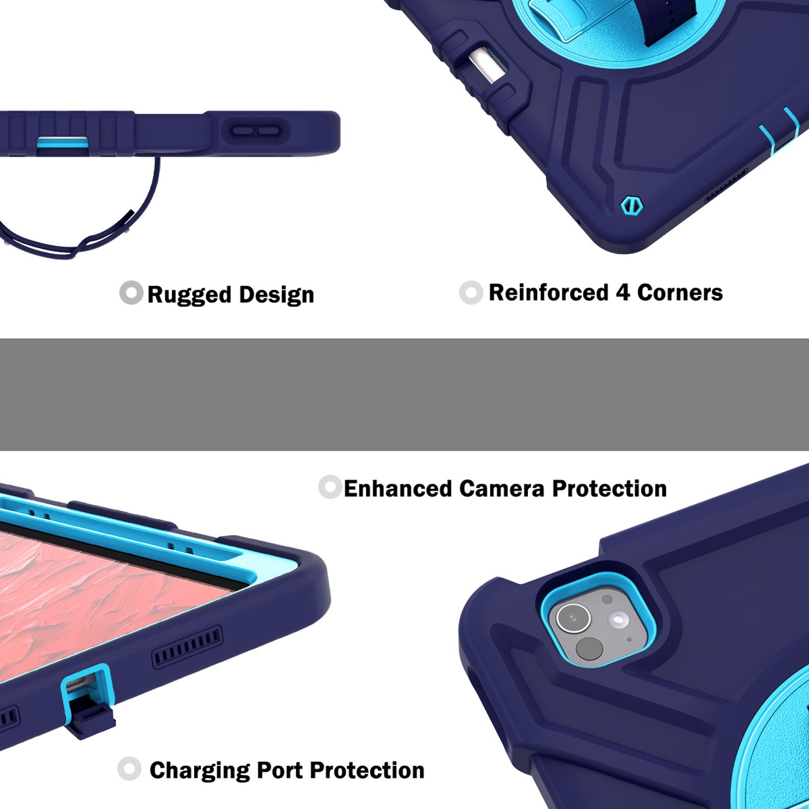 Military Grade Case for Apple iPad Pro 11 2024,Shoulder Strap Shockproof iPad Case with Pencil Holder 360 Rotating Hand Strap+Kicstand Rugged Siicone and Hard PC Case,Navyblue