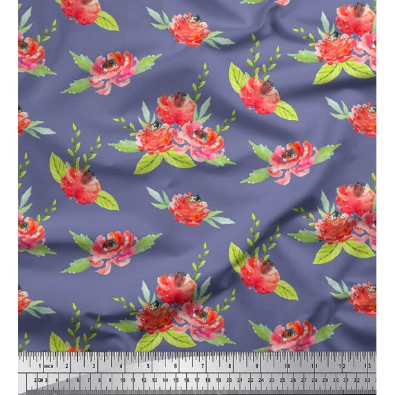 Soimoi Purple Heavy Canvas Fabric Leaves & Peony Floral Print Fabric by the Yard 58 Inch Wide