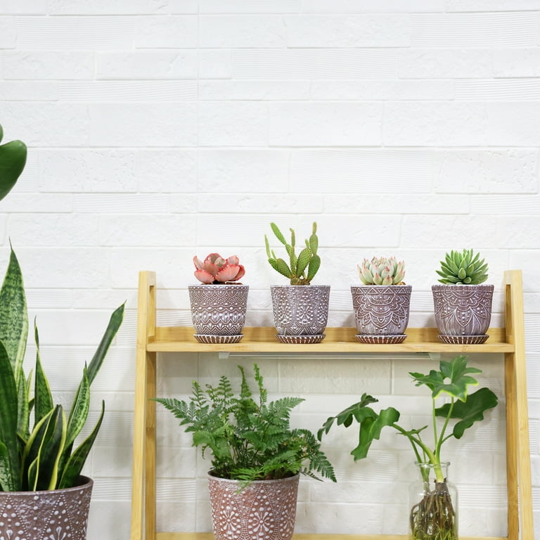 Bestseler Succulent Pots, 4 Inch Small Indoor Ceramic Planter Pot with Drainage Holes and Saucers for Plants- Creamy White - Set of 4