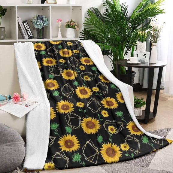 Black Geometric Sunflower Pattern Blanket,Comfortable Soft Flannel Throw Blanket,All Season,Warm Lightweight Blankets for Sofa Bed Couch Living Room Chair,40"x50"