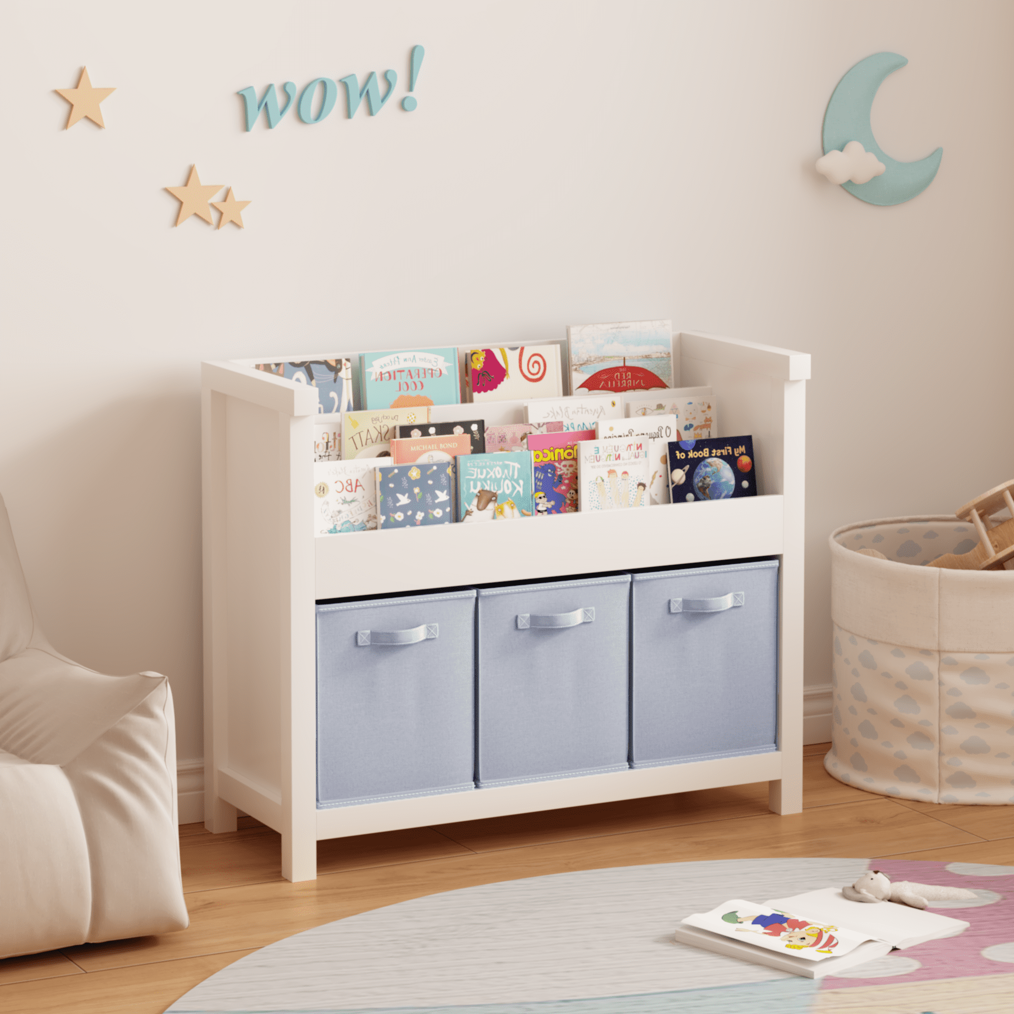 Wooden Kids Bookshelf with 3 Front-Facing Tiers and 3 Fabric Bins, MDF Book Organizer for Books Toys, Storage Bookcase for Playroom Nursery Bedroom