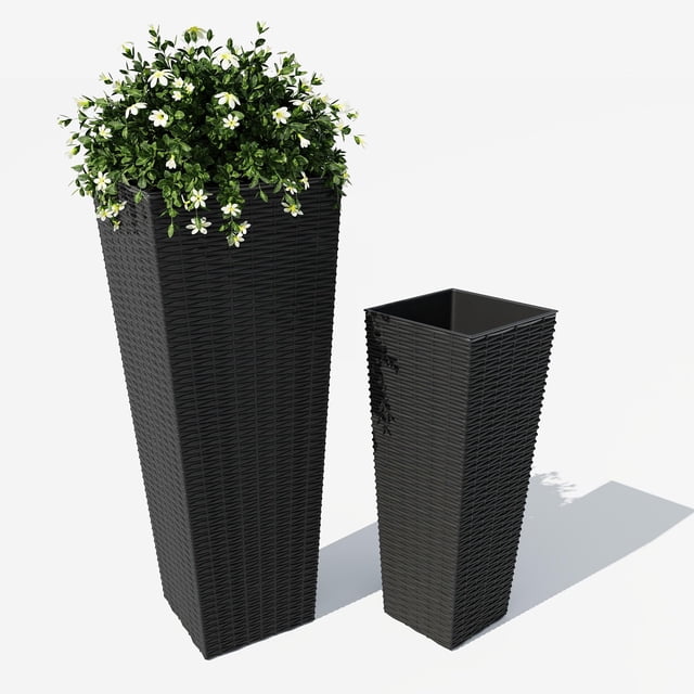 Gaderth Tall Planters Set of 2, 61 and 81 cm Indoor Outdoor Front Porch Planters With Inner Pots and Drainage Holes, Large Decorative Rattan Texture Flower Pots for Patio Backyard Garden Home