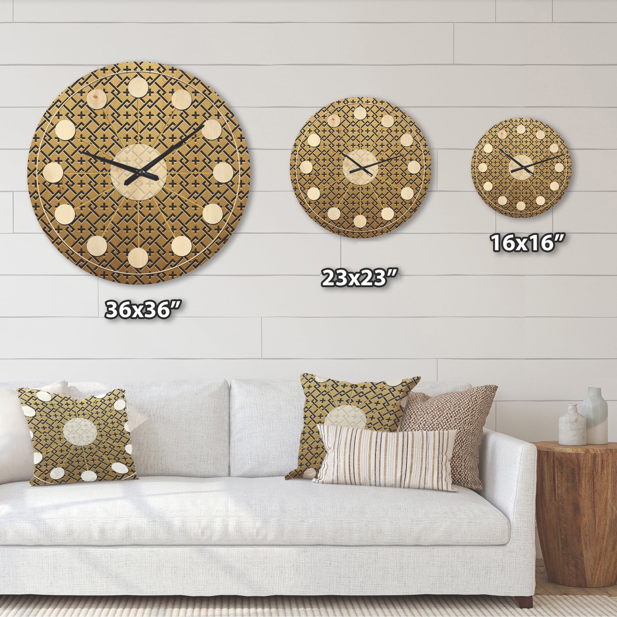 Designart 'Metallic Golden Luxury Geometrics XII XVIII' Mid-Century Modern Wood Wall Clock
