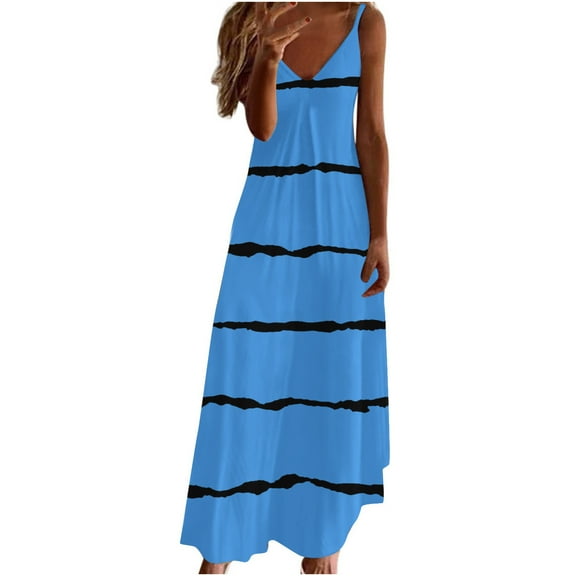 Honeeladyy Womens Summer Sleeveless Maxi Dress V Neck Bohemian Adjustable Spaghetti Strap Striped Loose Long Dress Blue XXL