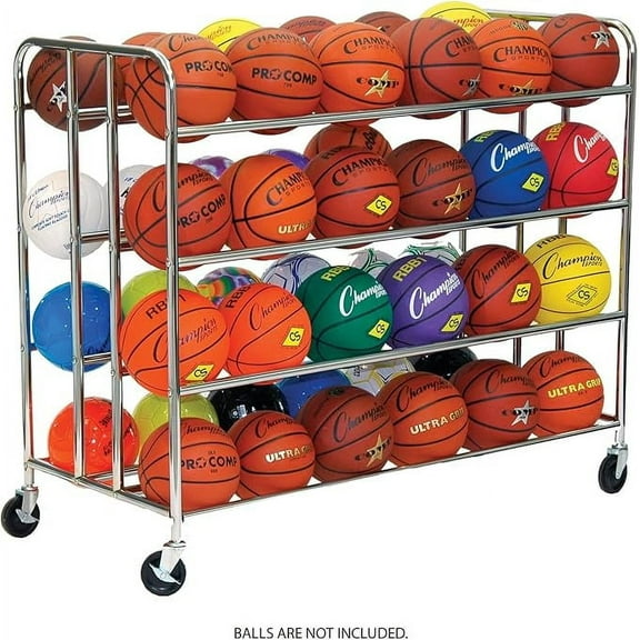 Champion Sports Double Wide Four Tier Basketball Storage Rack Cart with Locking Swivel Caster Wheels, 48 Ball Capacity (Chrome)