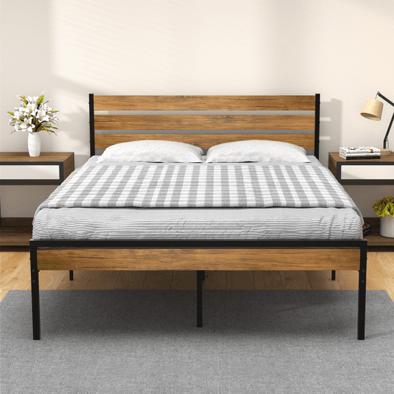 Queen Platform Bed with Rustic Wood Headboard - Under Bed Storage, No Box Spring Needed