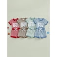 thumbnail image 3 of BemeyourBBs Infant Baby Boy Mama's Boy Outfit Newborn Boys Summer Clothes Waffle Knit Stripe Letter Embroidery Short Sleeve Romper Elastic Waist Shorts 2 Piece Set, 3 of 9