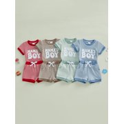 BemeyourBBs Infant Baby Boy Mamas Boy Outfit Newborn Boys Summer Clothes Waffle Knit Stripe Letter Embroidery Short Sleeve Romper Elastic Waist Shorts 2 Piece Set