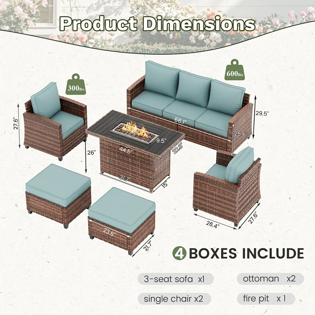 Poteban Patio Furniture Set with 44" Fire Pit Table, 6 Pieces Outdoor Sectional Conversation Sets, All-Weather Wicker Rattan Sofa Ottoman with 4" Thick Cushion for Garden Backyard Deck, Light Blue